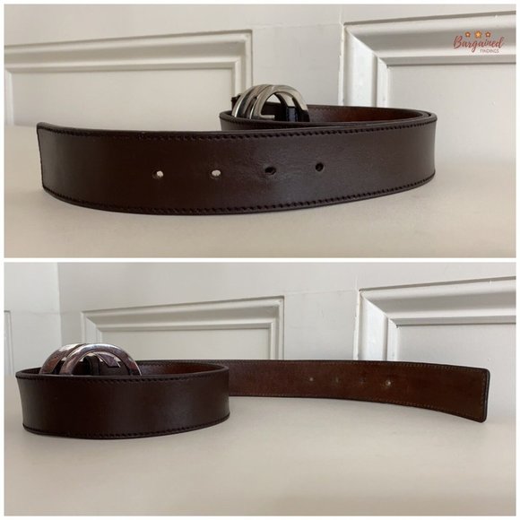 Authentic Gucci Brown Calfskin Leather Silver Interlocking G Buckle Belt 85/34 - Picture 11 of 13